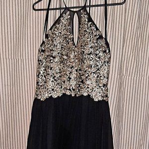 Size 13 my michelle black chiffon dress with gold appliqué halter